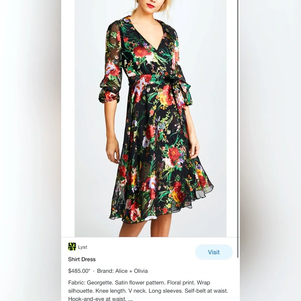 Alice + Olivia Abney Floral Black Red Collared Midi Dress - Picture 15 of 16